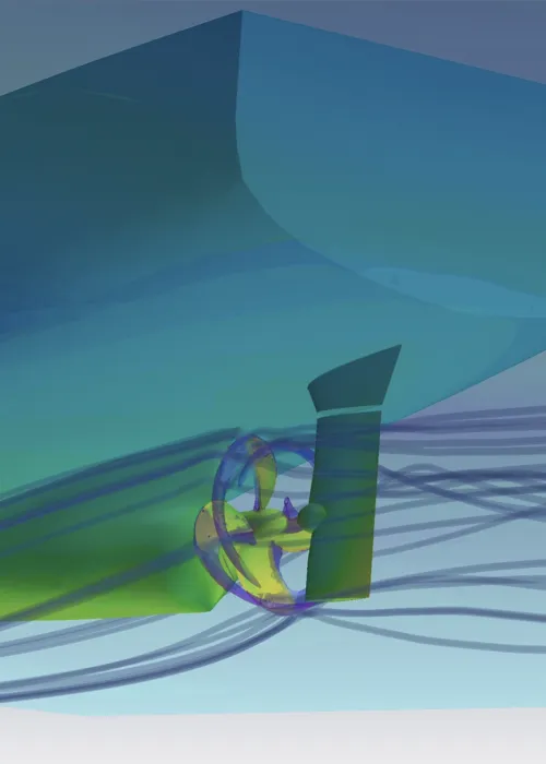 Een CFD-simulatie van de hydrodynamica van de rompvorm van een schip.