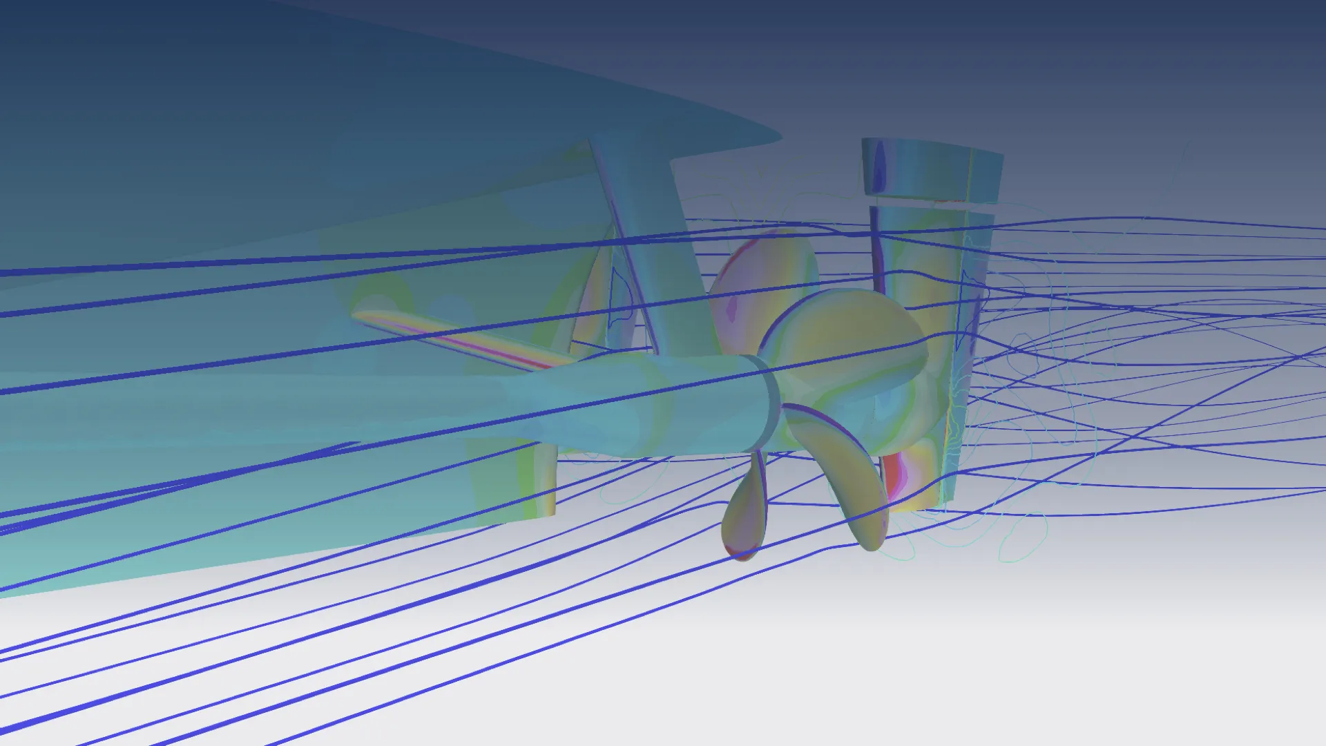 CFD-simulatie van een achterschip met gemodelleerde scheepsschroef en scheepsroer, een illustratie van de CII-services.