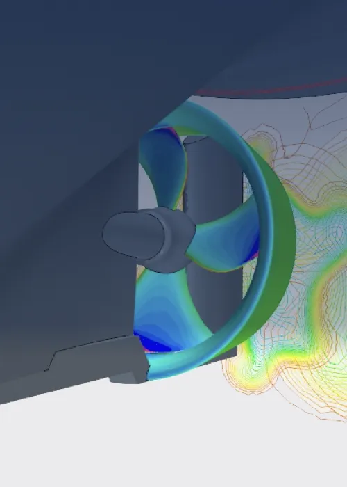 Een CFD-simulatie voor het begrijpen van de dynamiek tussen voortstuwingscomponenten in het achterschip.