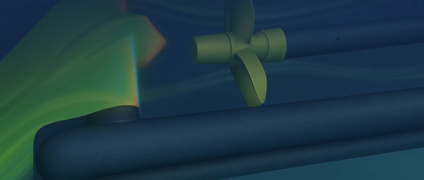 CFD simulation of water flow around the stern with propeller, rudder, and surrounding streamlines