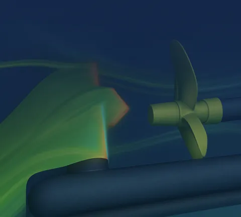 CFD visualization of flow patterns around a ship propeller and rudder at the stern section