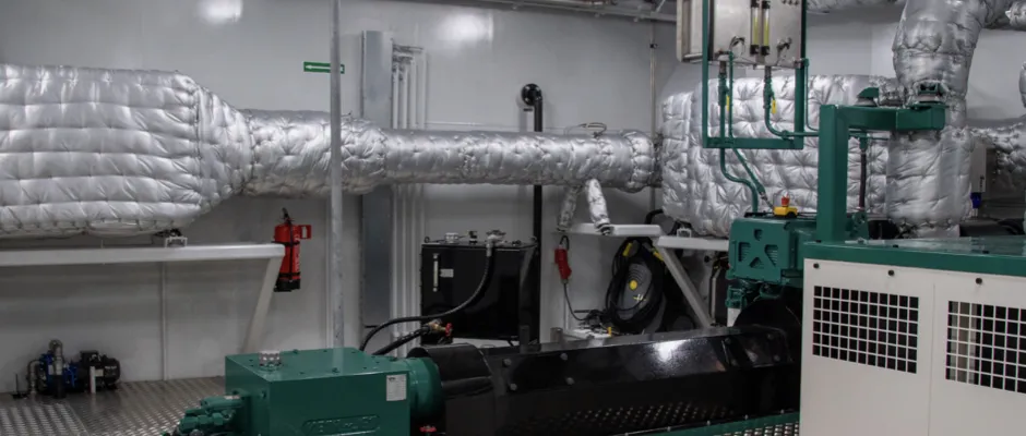 DPF system in the engine room of an inland navigation vessel