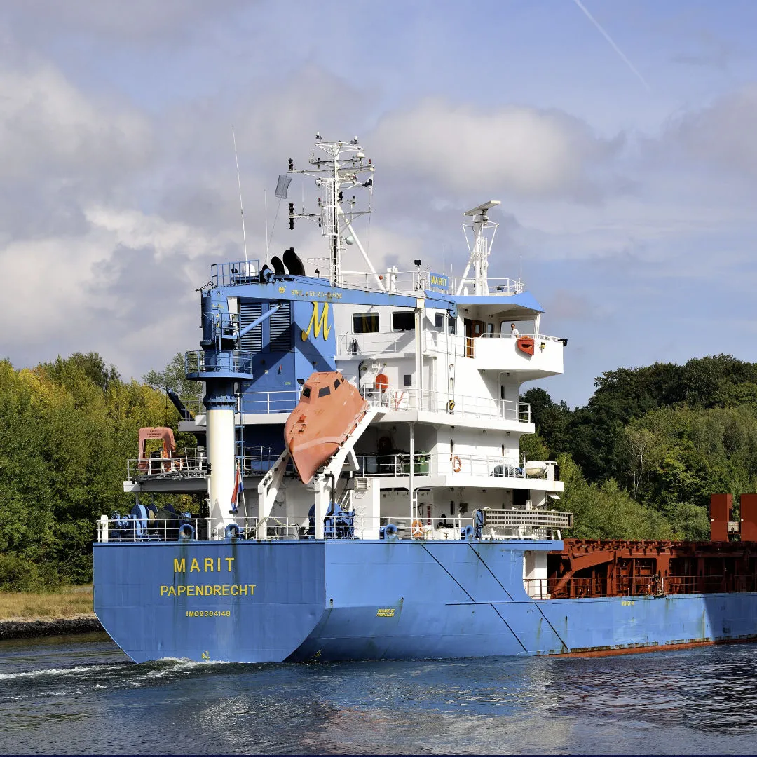 Op deze foto ziet u het kustvaartschip Marit, waarvoor een EEXI-berekening is uitgevoerd.