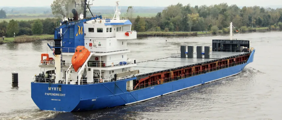 Coastal vessel Myrte with Pre-Swirl Stator for fuel savings and CO2 reduction, sailing on a river