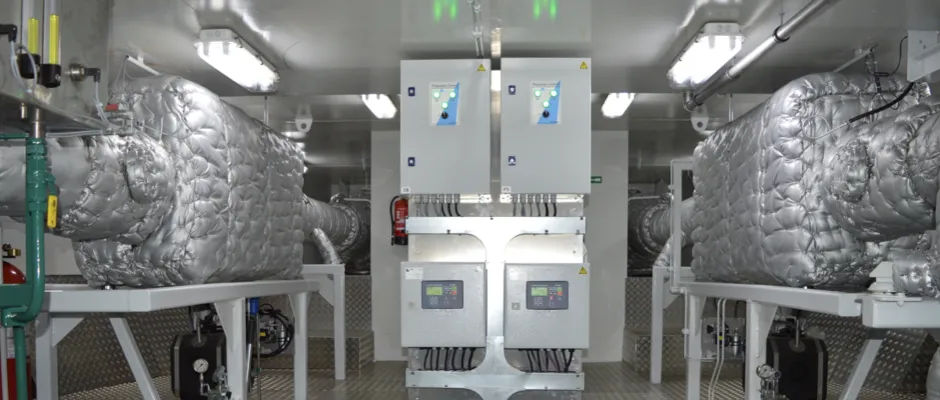 SCR and DPF systems in the engine room of a new inland vessel