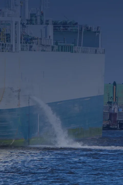 Ship discharges treated ballast water with BWTS to prevent the spread of harmful organisms